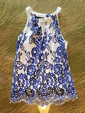 Inc Brand White & Blue Floral Lace Halter Women's Top